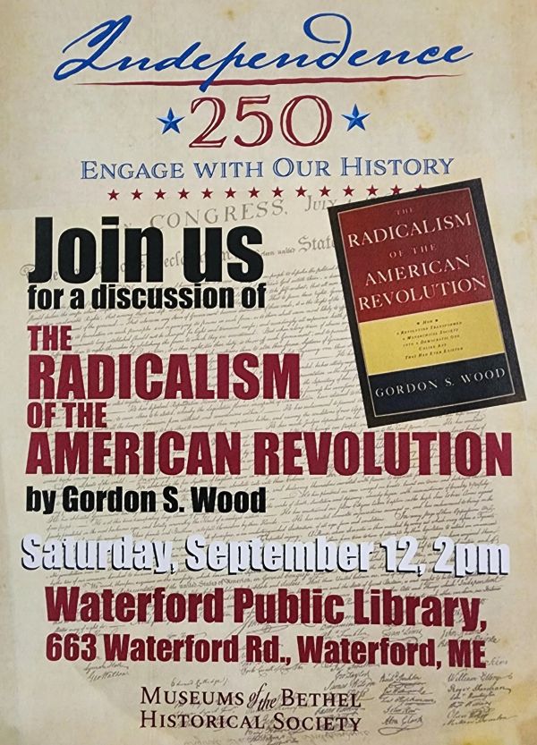 Announcement for a discussion on American Revolution radicalism at Waterford Public Library.