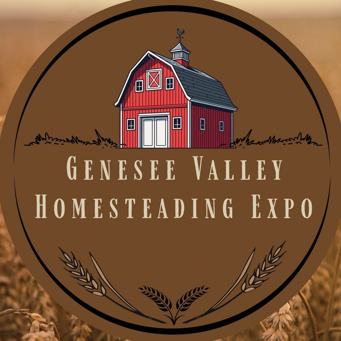 Logo for Genesee Valley Homesteading Expo featuring a red barn and wheat.