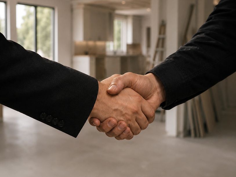 Two people shaking hands indoors, symbolizing agreement.