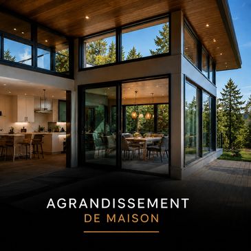 Modern house with large glass windows and garden view.