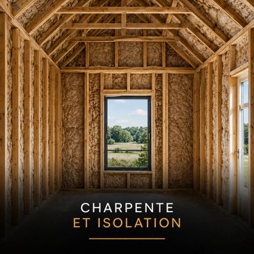 Interior wooden frame with insulation and a window showing a green landscape.