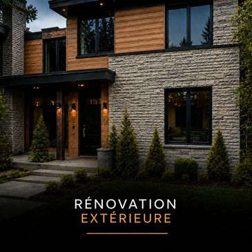 Modern house exterior with stone and wood renovation.