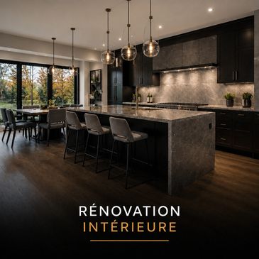 Modern kitchen interior with dark tones and elegant lighting.