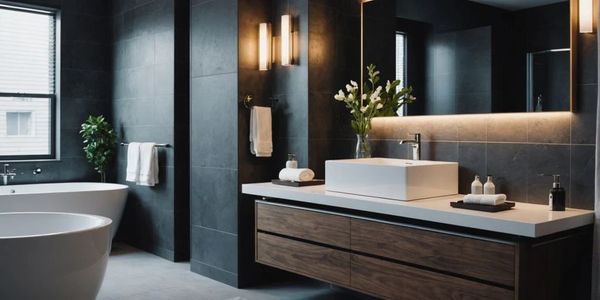 Modern bathroom with dark tiles, wooden vanity, and elegant lighting.