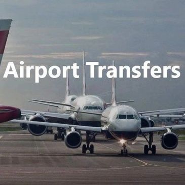 Two airplanes lined up on a runway with 'Airport Transfers' text.