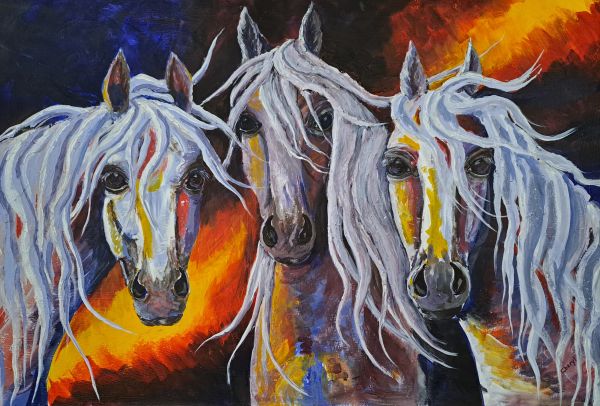 Painting of three white horses with flowing manes against a fiery background.