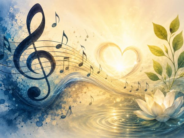 Musical notes flow through a serene scene with a glowing heart and lotus flower.