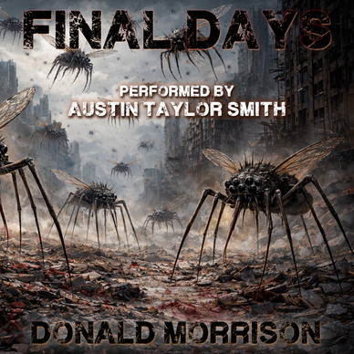 Apocalyptic scene with giant spider-like creatures in a ruined city.
