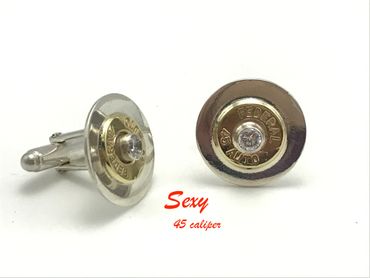 Sterling cufflinks made with a 45 caliper bulllet case, accented with a 3mm CZ