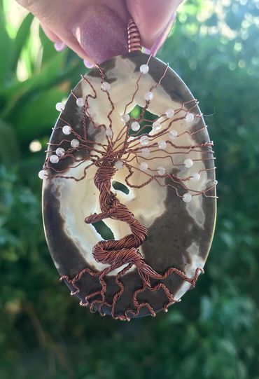 Tree of Life Goddess pendant is accented with 1mm white beads on top of this gorgeous druzy agate,