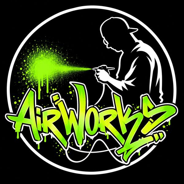 Silhouette spray painting Airworks in neon green graffiti style.