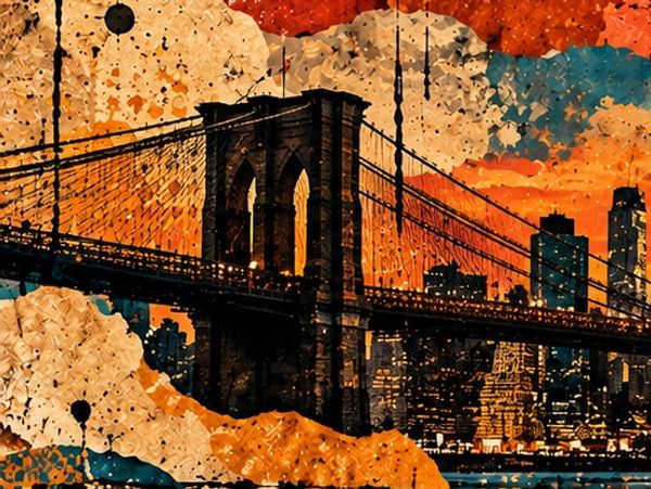 Artistic rendition of the Brooklyn Bridge at sunset.