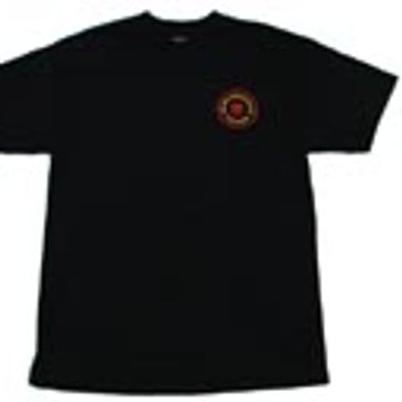 Black t-shirt with a small circular design on the chest.