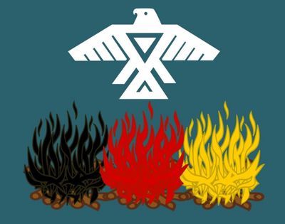 An image of a tribal eagle soaring over three fires, one black, one red, and one yellow fire.