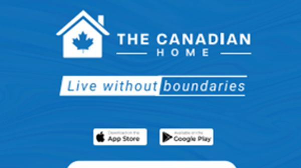 Logo and slogan of The Canadian Home with app download options.