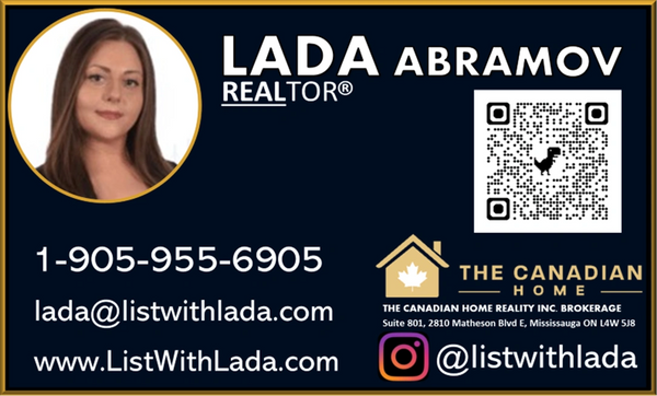 Business card for Lada Abramov, a realtor with contact details and website.