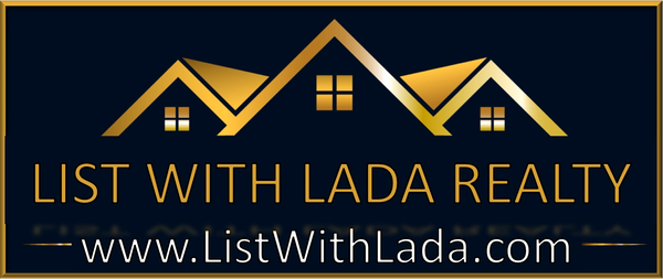 Elegant gold and black logo for List With Lada Realty featuring stylized houses and website.