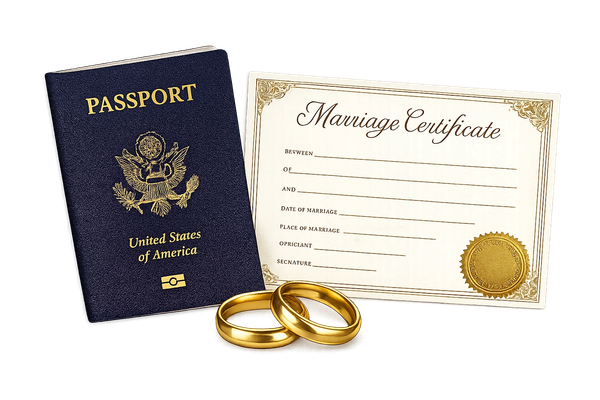 Passport, marriage certificate, and gold wedding rings symbolizing marriage and travel.