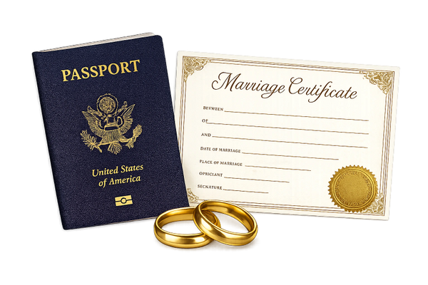 Passport, marriage certificate, and gold wedding rings symbolizing marriage and travel.