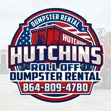 Bold logo for Hutchins Roll Off Dumpster Rental with contact number and American flag.