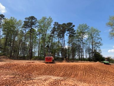 A red bulldozer working on a cleared dirt area near tall trees under a blue sky.