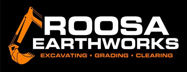 Logo for Roosa Earthworks featuring an excavator arm and services listed.