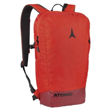 Sleek red Atomic backpack with black straps and logo.