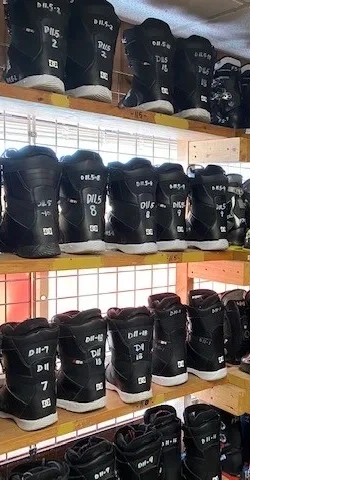 Rows of numbered black boots on shelves.
