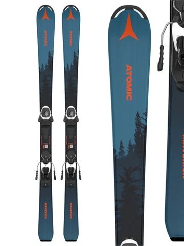 Blue Atomic Maverick skis with black bindings and orange logos.