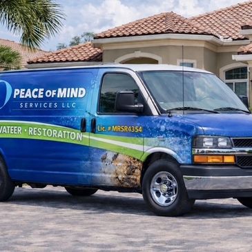 Blue service van for water restoration with company branding parked by a residential house.