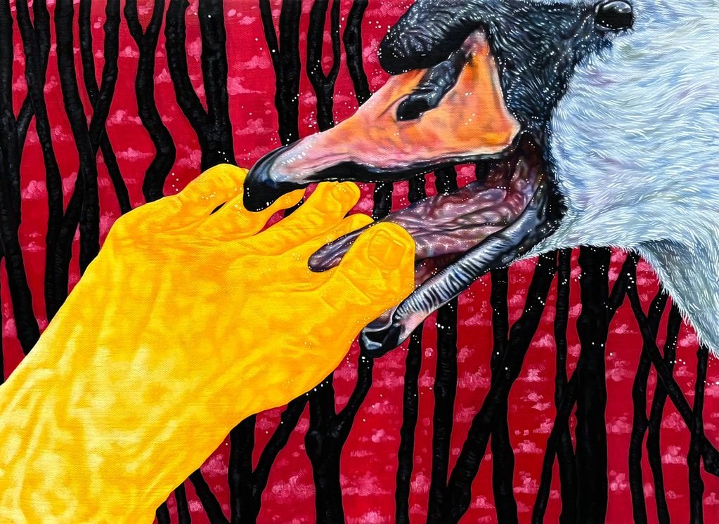 A goose biting a yellow glove on a red and black background.