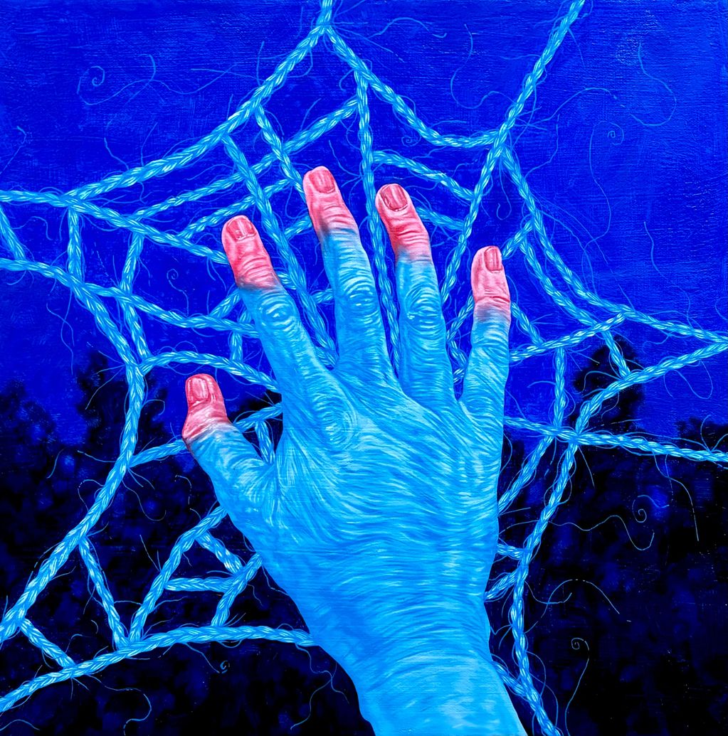 Blue hand with red fingertips on a blue spider web.