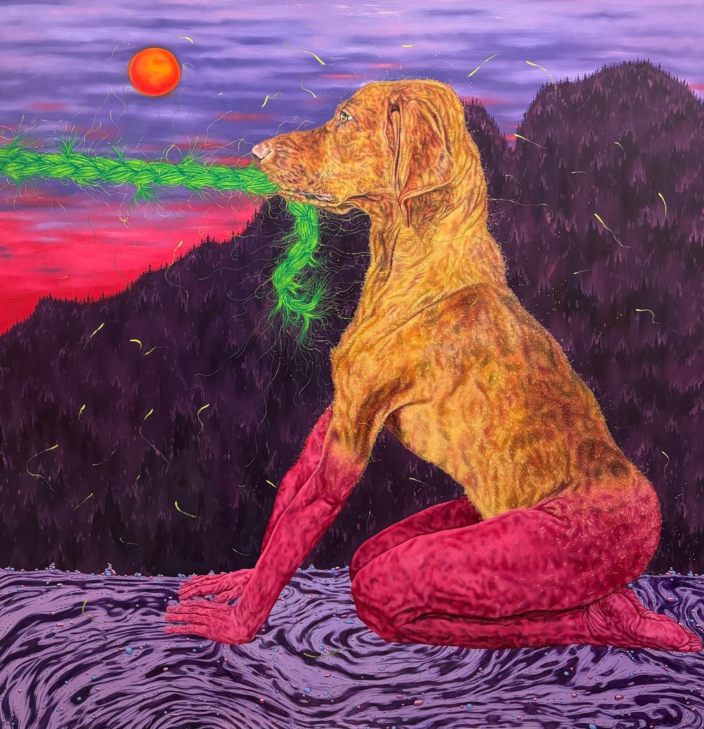 Surreal half-dog, half-human figure kneeling and biting a green rope.