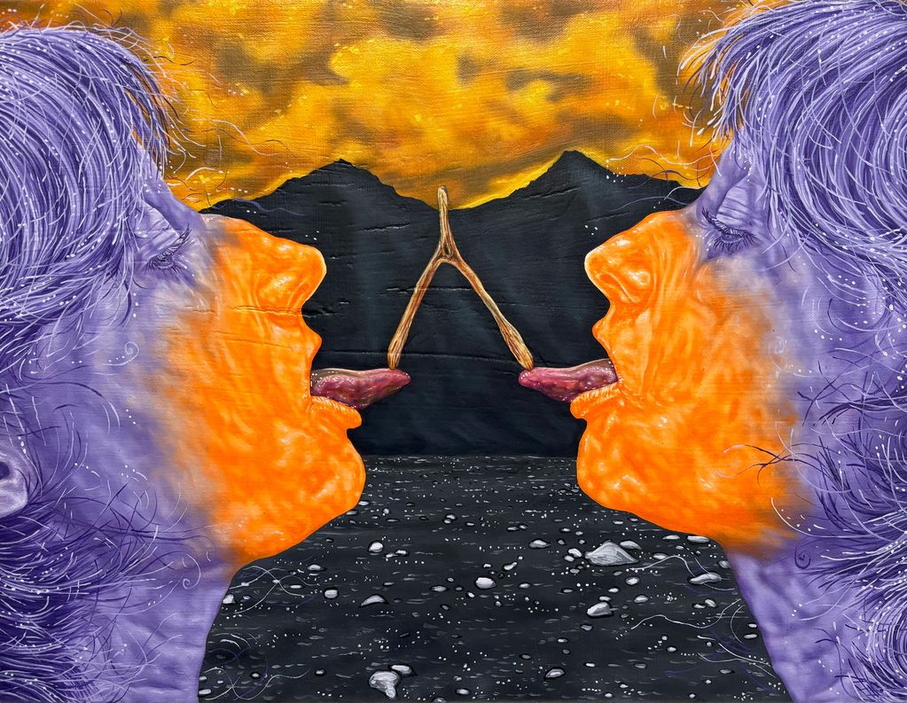 Two purple-orange faces with tongues touching a wishbone.