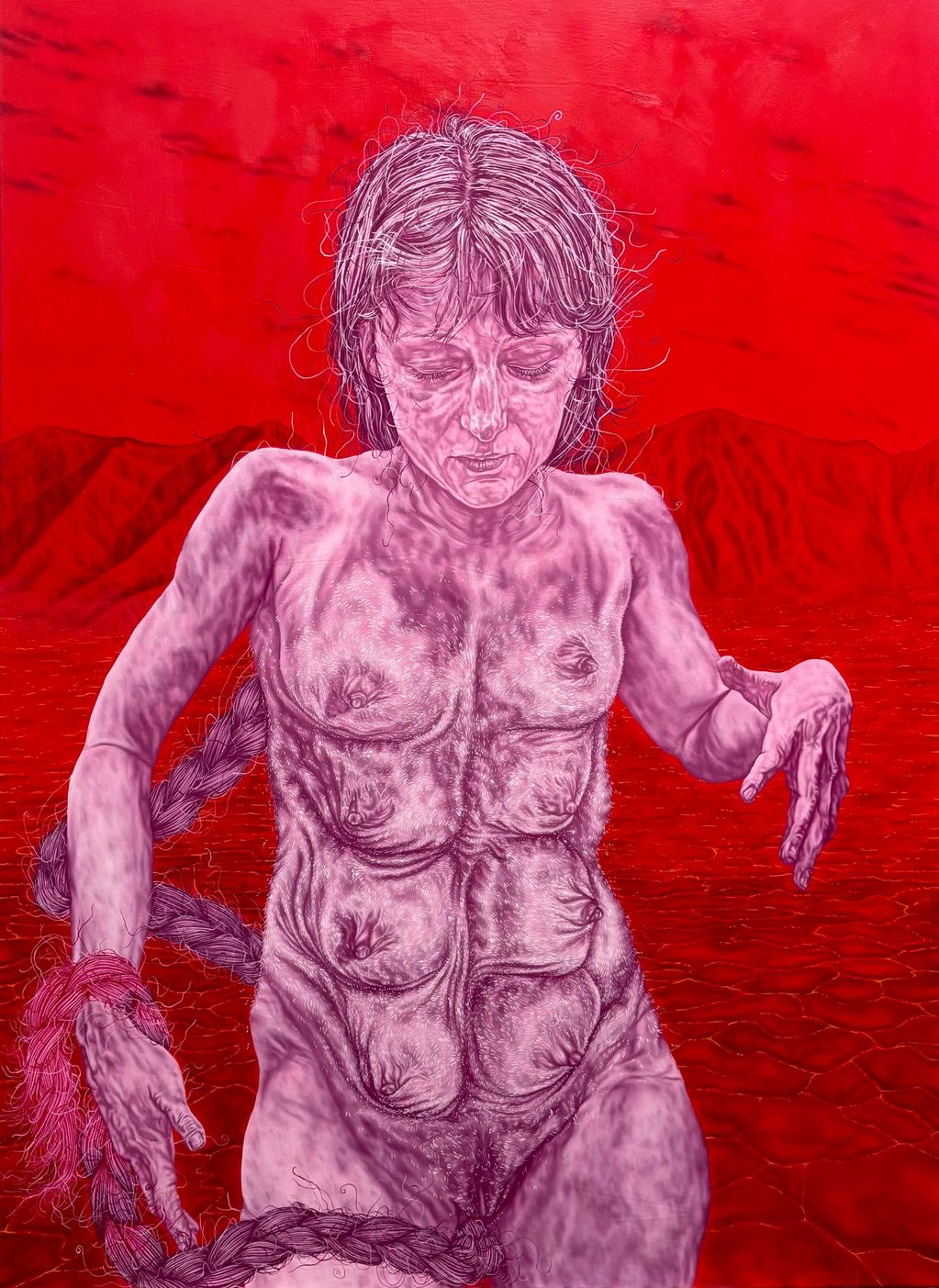 Surreal painting of a multi-breasted woman against a red background.