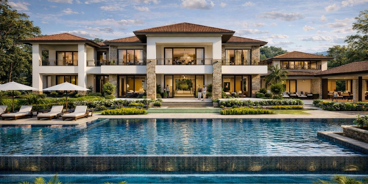 Luxurious modern villa with a large pool and elegant outdoor seating.