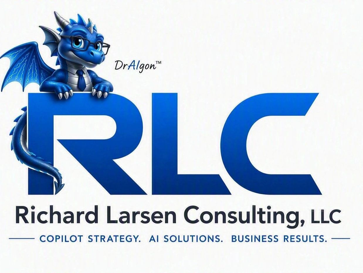 Logo for Richard Larsen Consulting with a blue dragon mascot.