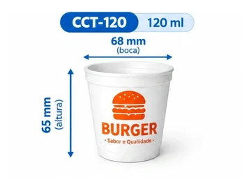 Copo descartável branco com logo de hambúrguer e medidas.