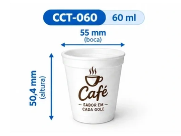Copo branco para café com medidas detalhadas.