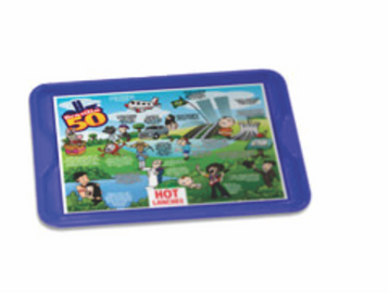 A blue tray featuring colorful cartoon characters and scenes.