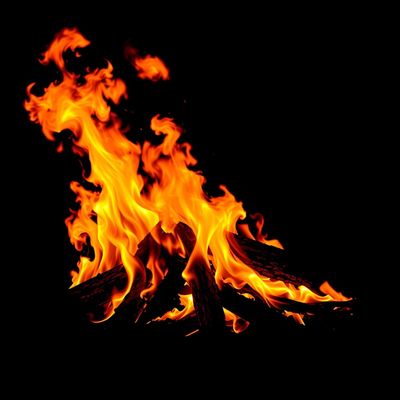 Bright orange flames burning wood against a black background.