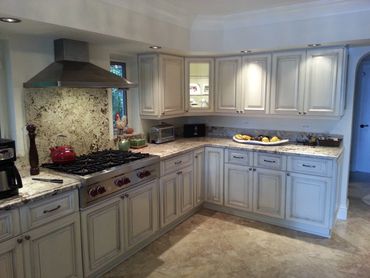 Kitchen cabinets refacing with solid wood distressed doors with glaze