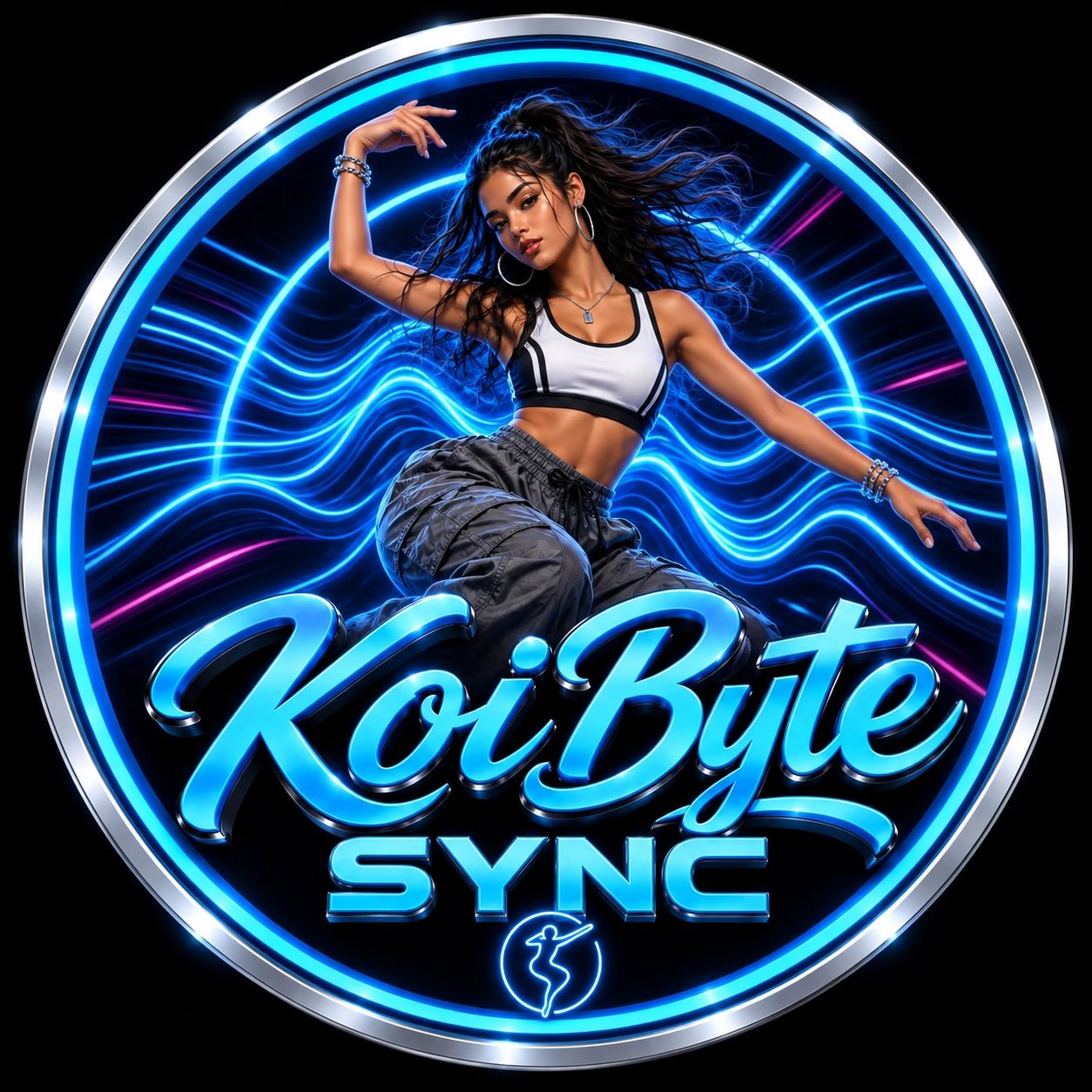A dynamic female dancer logo with neon blue lights and text.
