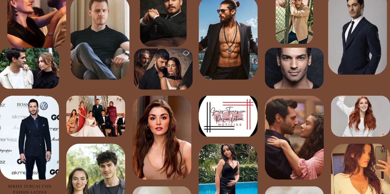 Collage of Turkish actors and scenes from Turkish dramas with a Latin passion theme.