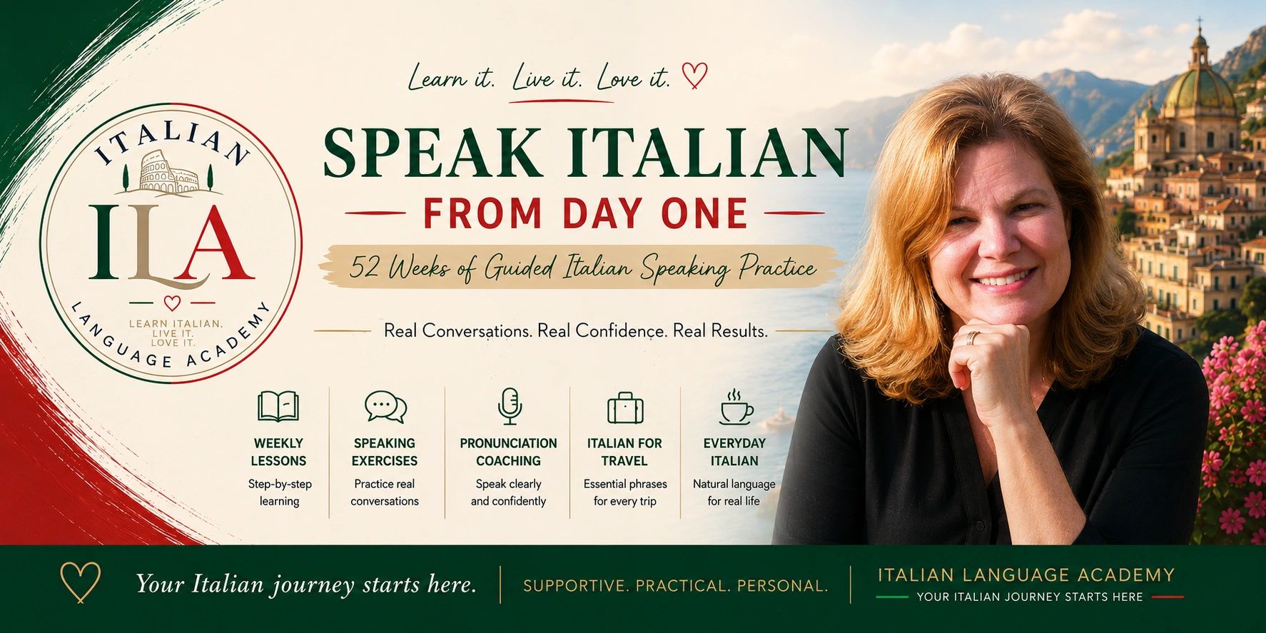 Promoting 52 weeks of guided Italian speaking practice with supportive coaching from Italian Language Academy.