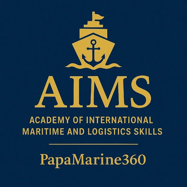 Logo of AIMS, Academy of International Maritime and Logistics Skills, with a ship and anchor symbol.