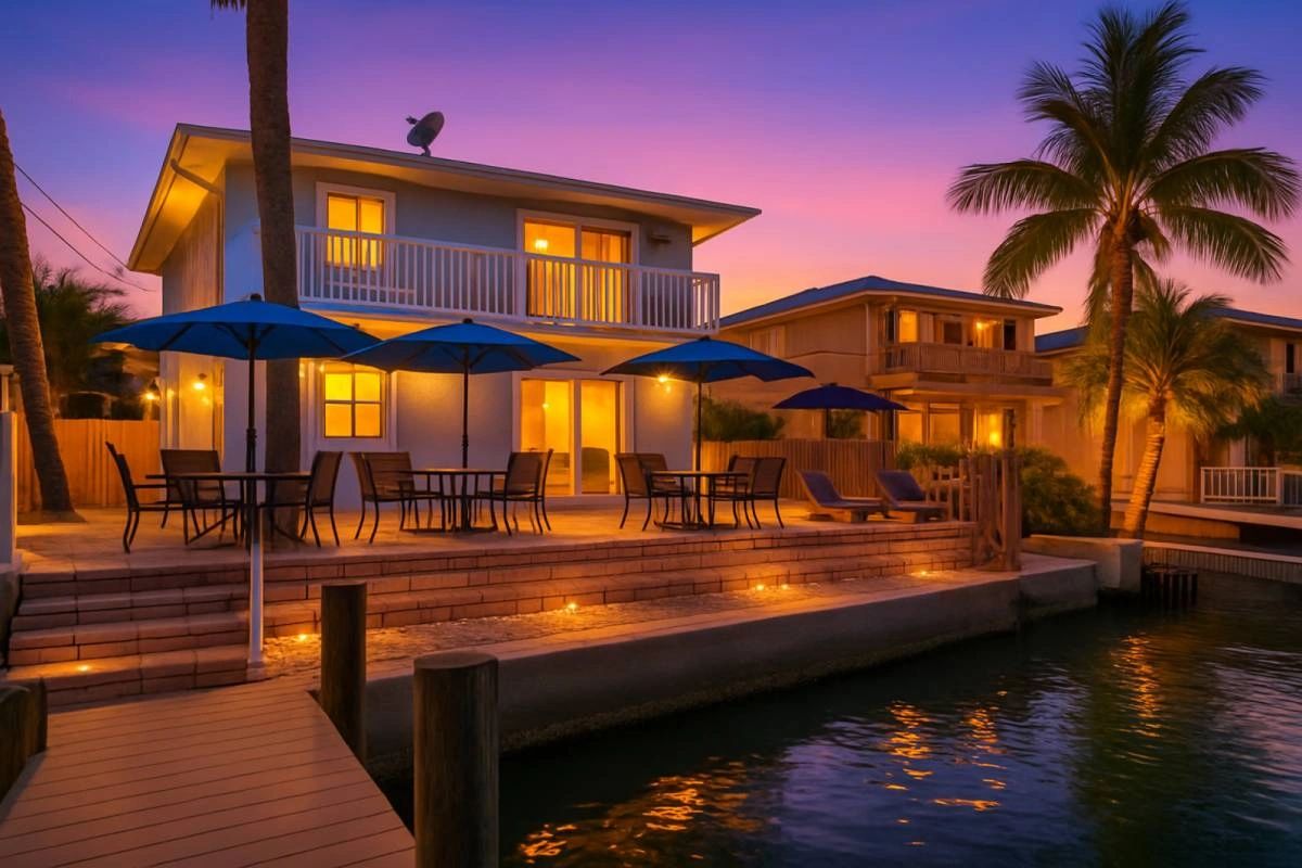 A two-story building with a balcony and a dock overlooking the water at sunset.