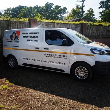 White service van with plant repair and maintenance branding parked outside.