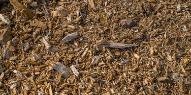 Close-up of brown wood chips and mulch on the ground.