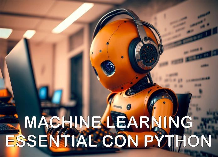 Orange robot learning Python in an office setting.